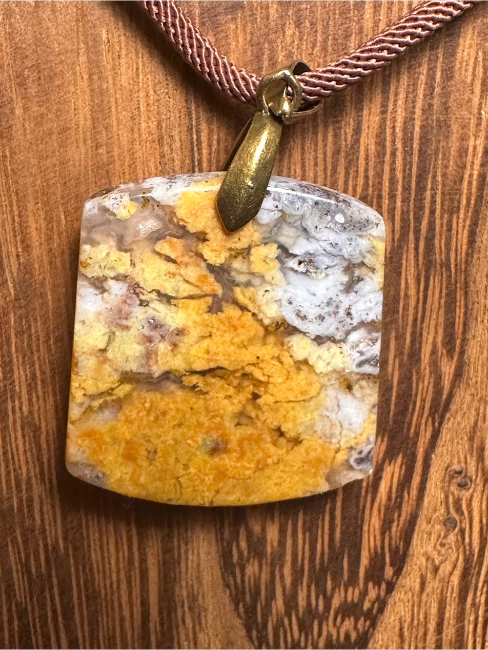 Unique Square Yellow Jasper Pendant Necklace on Brown Rope - Picture 9 of 14